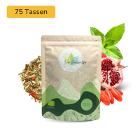Der Geheimtipp Busy Bee Tee Verpackung aus Papier mit losem Zitronengras Minze Gojibeere Kräutertee im Hintergrund