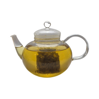 Teekanne aus Glas mit flüssigem Minze Zitronengras Grüntee und losen Grünteeblättern