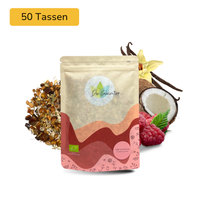 Der Geheimtipp Süße Versuchung Tee Verpackung aus Papier mit losem Himbeere Vanille Früchtetee im Hintergrund