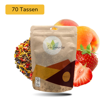 Der Geheimtipp Apricot Dream Tee Verpackung aus Papier mit losem Erdbeere Marille Schwarztee im Hintergrund