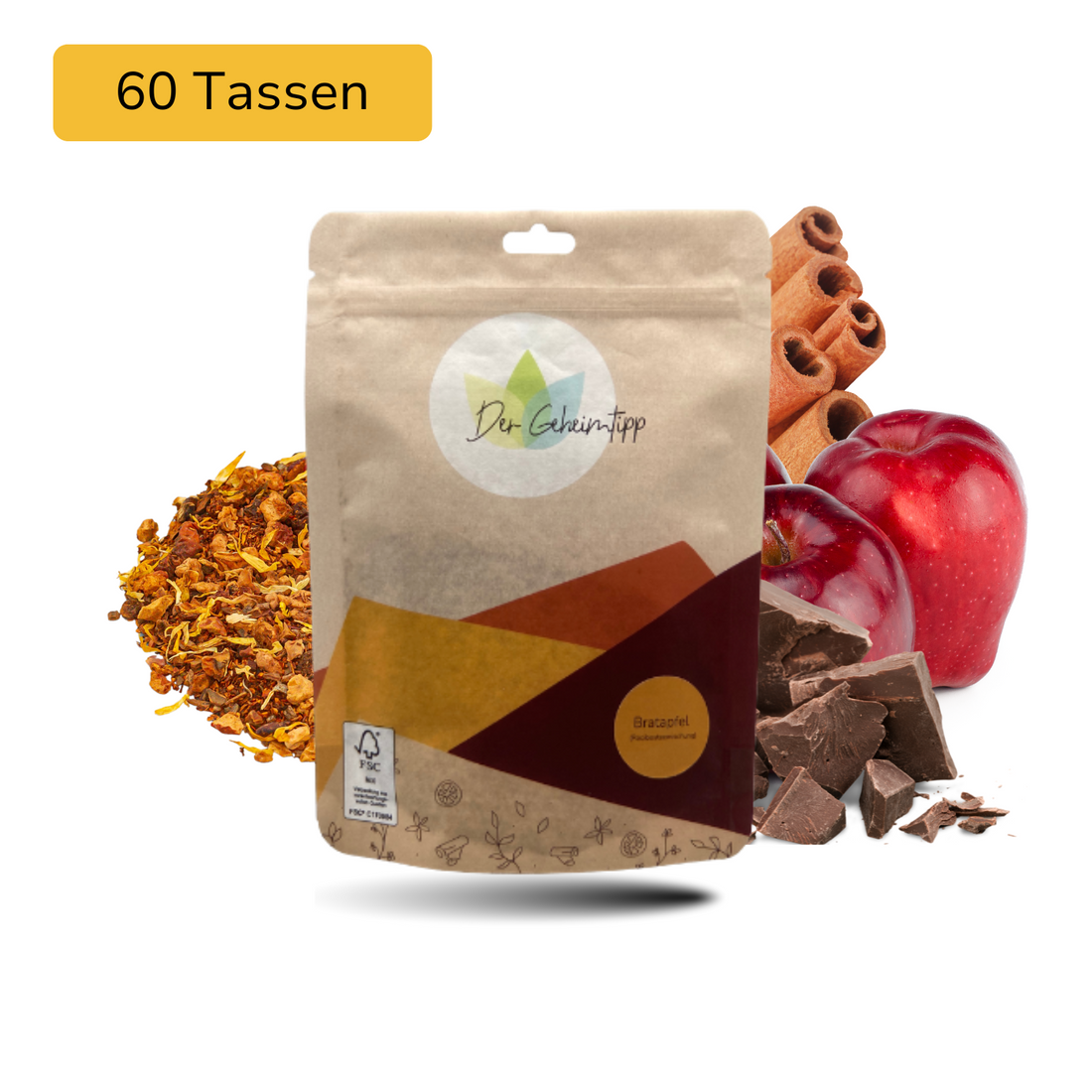 Der Geheimtipp Bratapfel Tee Verpackung aus Papier mit losem Apfel Kakao Zimt Rooibos Tee im Hintergrund