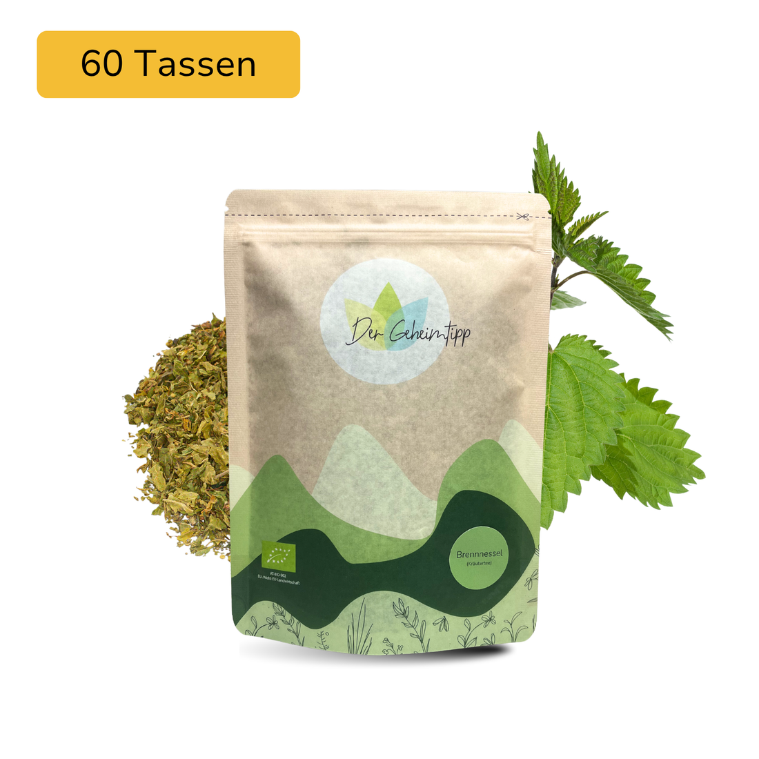 Der Geheimtipp Brennnessel Tee Verpackung aus Papier mit losem Brennnessel Kräutertee im Hintergrund