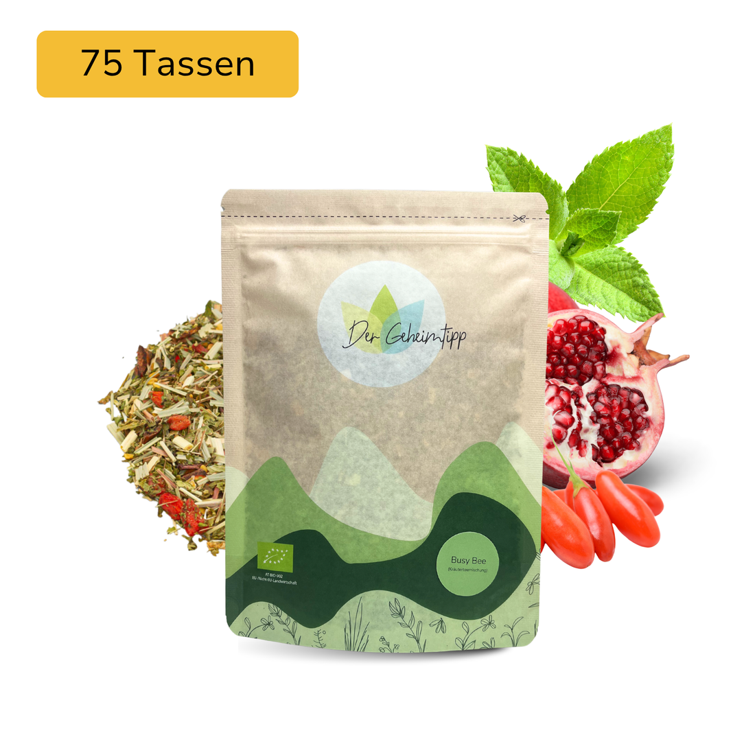Der Geheimtipp Busy Bee Tee Verpackung aus Papier mit losem Zitronengras Minze Gojibeere Kräutertee im Hintergrund
