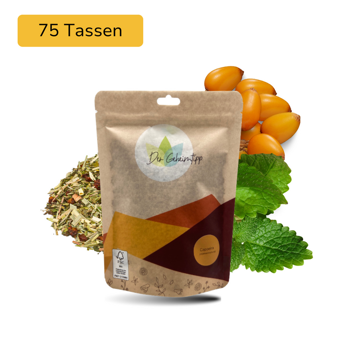 Der Geheimtipp Capoeira Tee Verpackung aus Papier mit losem Zitrone Sanddornbeere Mate Tee im Hintergrund