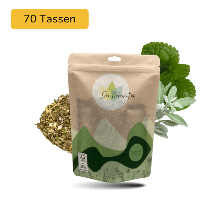 Der Geheimtipp Durchlüften Tee Verpackung aus Papier mit losem Melisse Salbei Minze Kräutertee im Hintergrund
