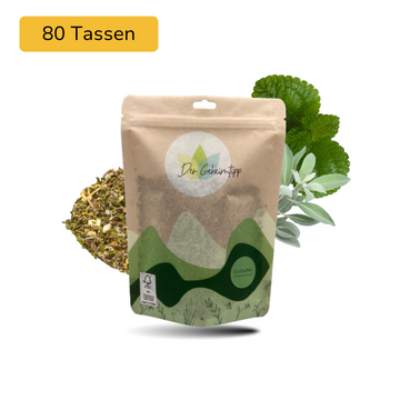 Der Geheimtipp Durchlüften Tee Verpackung aus Papier mit losem Melisse Salbei Minze Kräutertee im Hintergrund