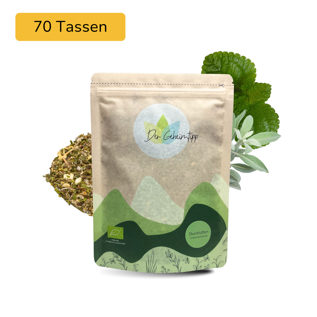 Der Geheimtipp Durchlüften Tee Verpackung aus Papier mit losem Melisse Salbei Minze Kräutertee im Hintergrund