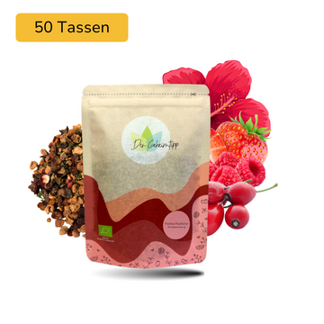 Der Geheimtipp Freches Früchtchen Tee Verpackung aus Papier mit losem Hibiskus Hagebutte Beeren Früchtetee im Hintergrund