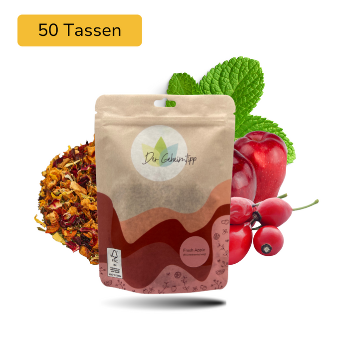 Der Geheimtipp Fresh Apple Tee Verpackung aus Papier mit losem Apfel Minze Hagebutte Früchtetee im Hintergrund