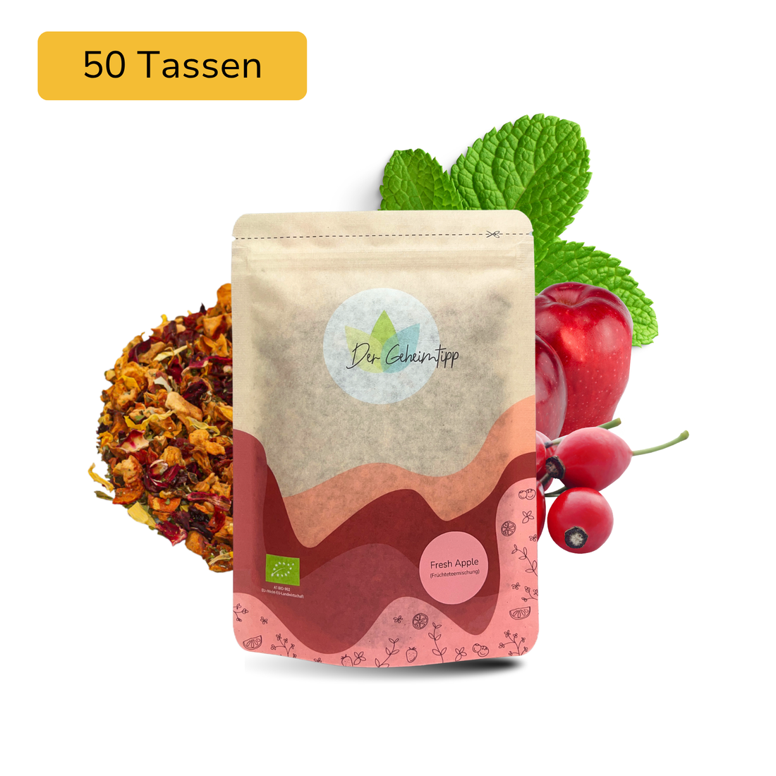 Der Geheimtipp Fresh Apple Tee Verpackung aus Papier mit losem Apfel Minze Hagebutte Früchtetee im Hintergrund