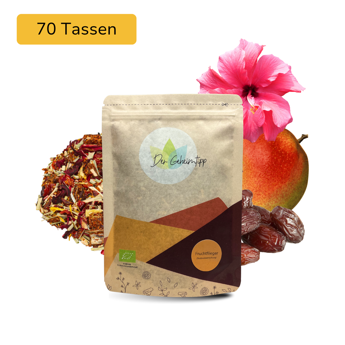 Der Geheimtipp Fruchtflieger Tee Verpackung aus Papier mit losem Rhabarber Mango Dattel Rooibos Tee im Hintergrund