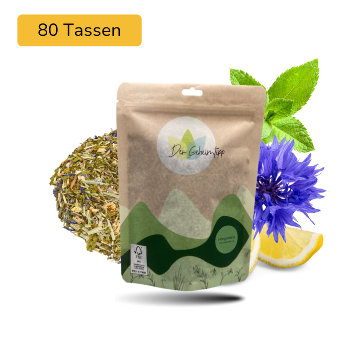 Der Geheimtipp Hängematte Tee Verpackung aus Papier mit losem Minze Zitrone Kornblume Kräutertee im Hintergrund