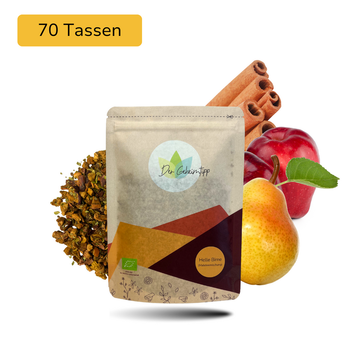 Der Geheimtipp Helle Birne Tee Verpackung aus Papier mit losem Mate Apfel Birne Matetee im Hintergrund