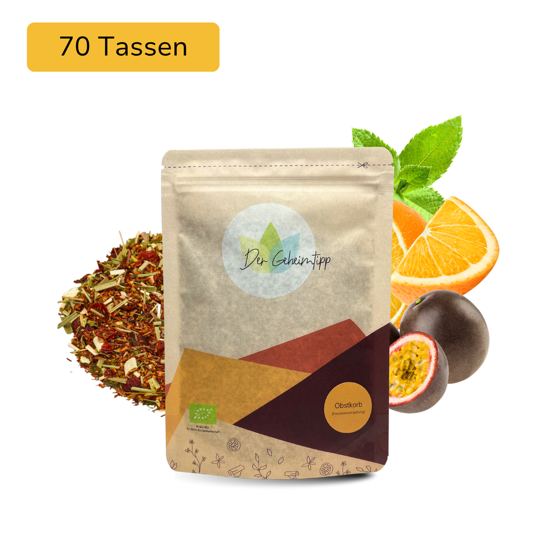 Der Geheimtipp Obstkorb Tee Verpackung aus Papier mit losem Orange Maracuja Rooibos Tee im Hintergrund