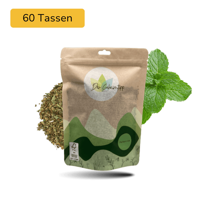 Der Geheimtipp Pfefferminze Tee Verpackung aus Papier mit losem Pfefferminze Kräutertee im Hintergrund