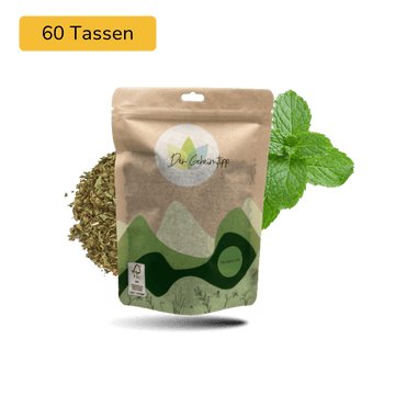 Der Geheimtipp Pfefferminze Tee Verpackung aus Papier mit losem Pfefferminze Kräutertee im Hintergrund