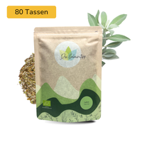Der Geheimtipp Salbei Tee Verpackung aus Papier mit losem Salbeitee im Hintergrund