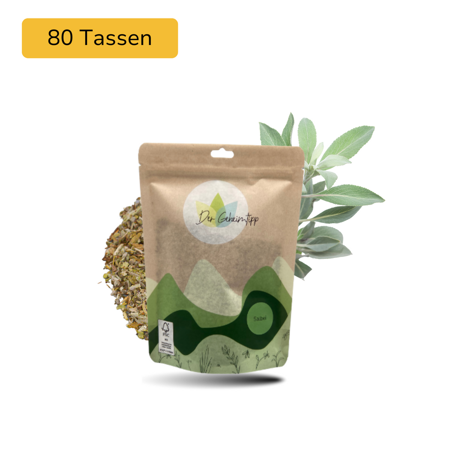 Der Geheimtipp Salbei Tee Verpackung aus Papier mit losem Salbeitee im Hintergrund