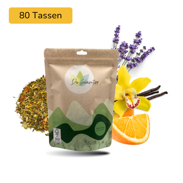 Der Geheimtipp Schafe zählen Tee Verpackung aus Papier mit losem Orange Vanille Lavendel Kräutertee im Hintergrund