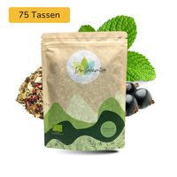 Der Geheimtipp Schutzschild Tee Verpackung aus Papier mit losem Hibiskus Johannisbeere Minze Kräutertee im Hintergrund