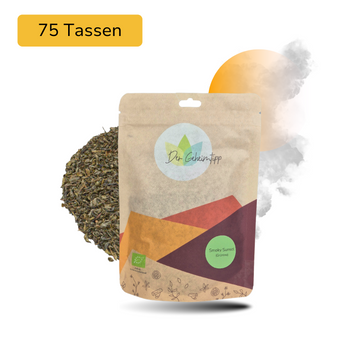 Der Geheimtipp Smoky Sunset Tee Verpackung aus Papier mit losem Chun Mee Grüntee im Hintergrund