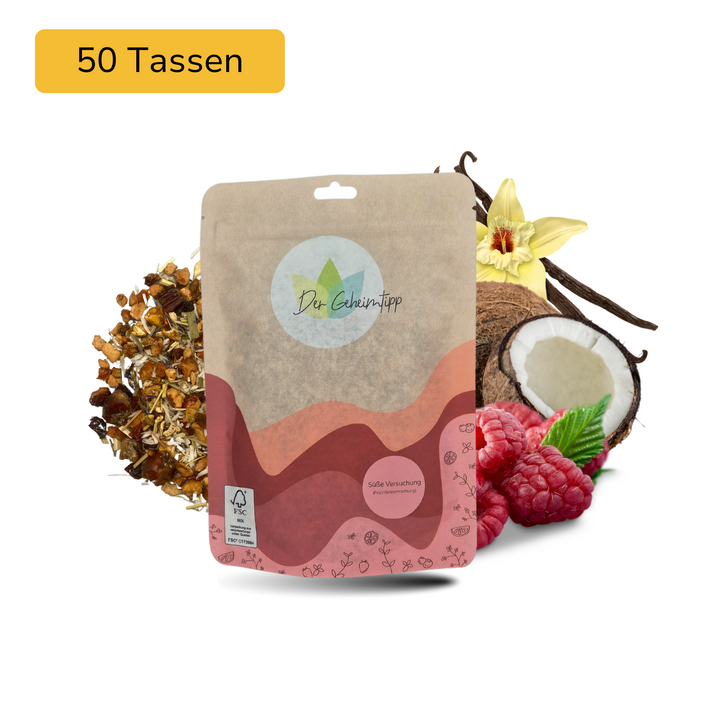 Der Geheimtipp Süße Versuchung Tee Verpackung aus Papier mit losem Himbeere Vanille Früchtetee im Hintergrund