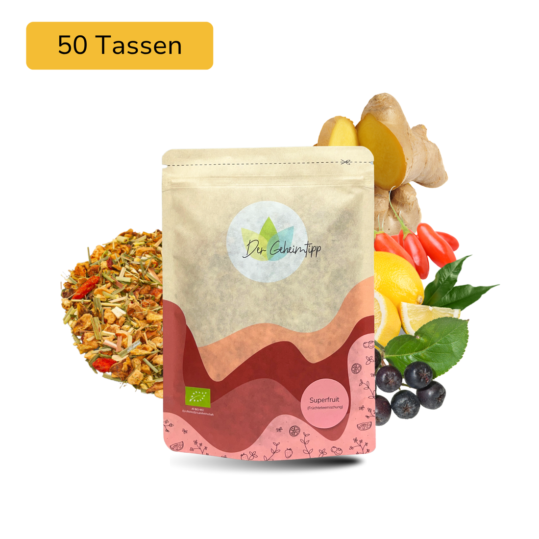 Der Geheimtipp Superfruit Tee Verpackung aus Papier mit losem Zitrone Gojibeere Aroniabeere Früchtetee im Hintergrund