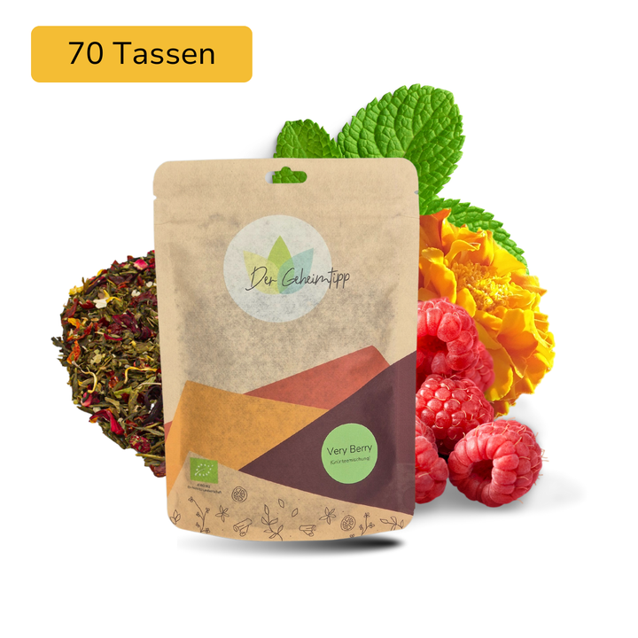 Der Geheimtipp Very Berry Tee Verpackung aus Papier mit losem Himbeere Minze Grüntee im Hintergrund