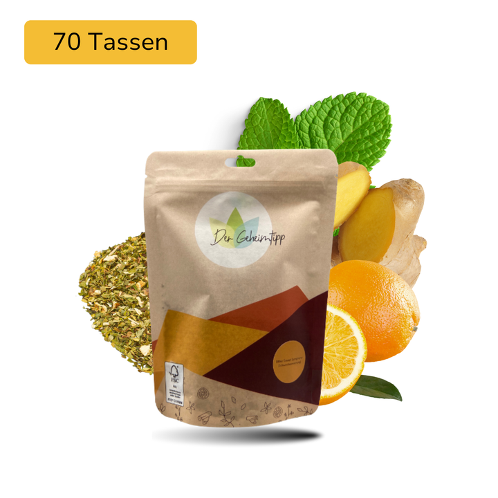 Der Geheimtipp Wake Up Call Tee Verpackung aus Papier mit losem Orange Ingwer Minze Mate Tee im Hintergrund